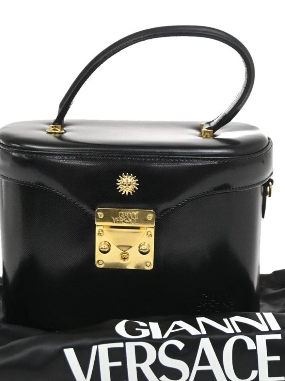 GIANNI VERSACE Logo Sun Vanity Hand Bag Leather Black Gold-Plated 33KB766